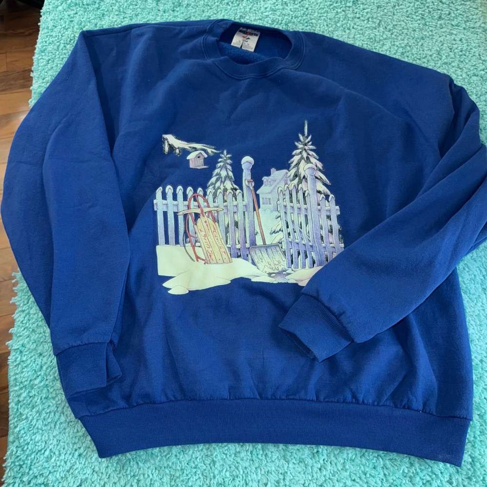 Vintage Jerzees Winter Scene Graphic Sweatshirt Mens XL Blue Snow‎ Sled